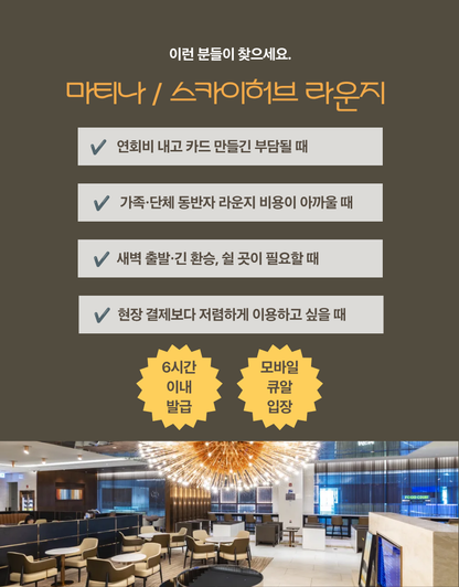 공항 라운지 이용권 인천 김포 김해공항 마티나 스카이허브 PP카드 1회권